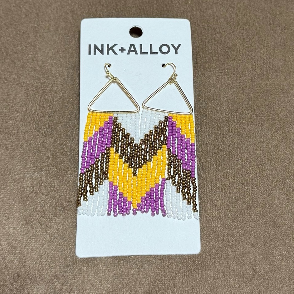 INK+ALLOY Chevron Beaded Earrings in Purple, Yellow, and Bronze-Gold